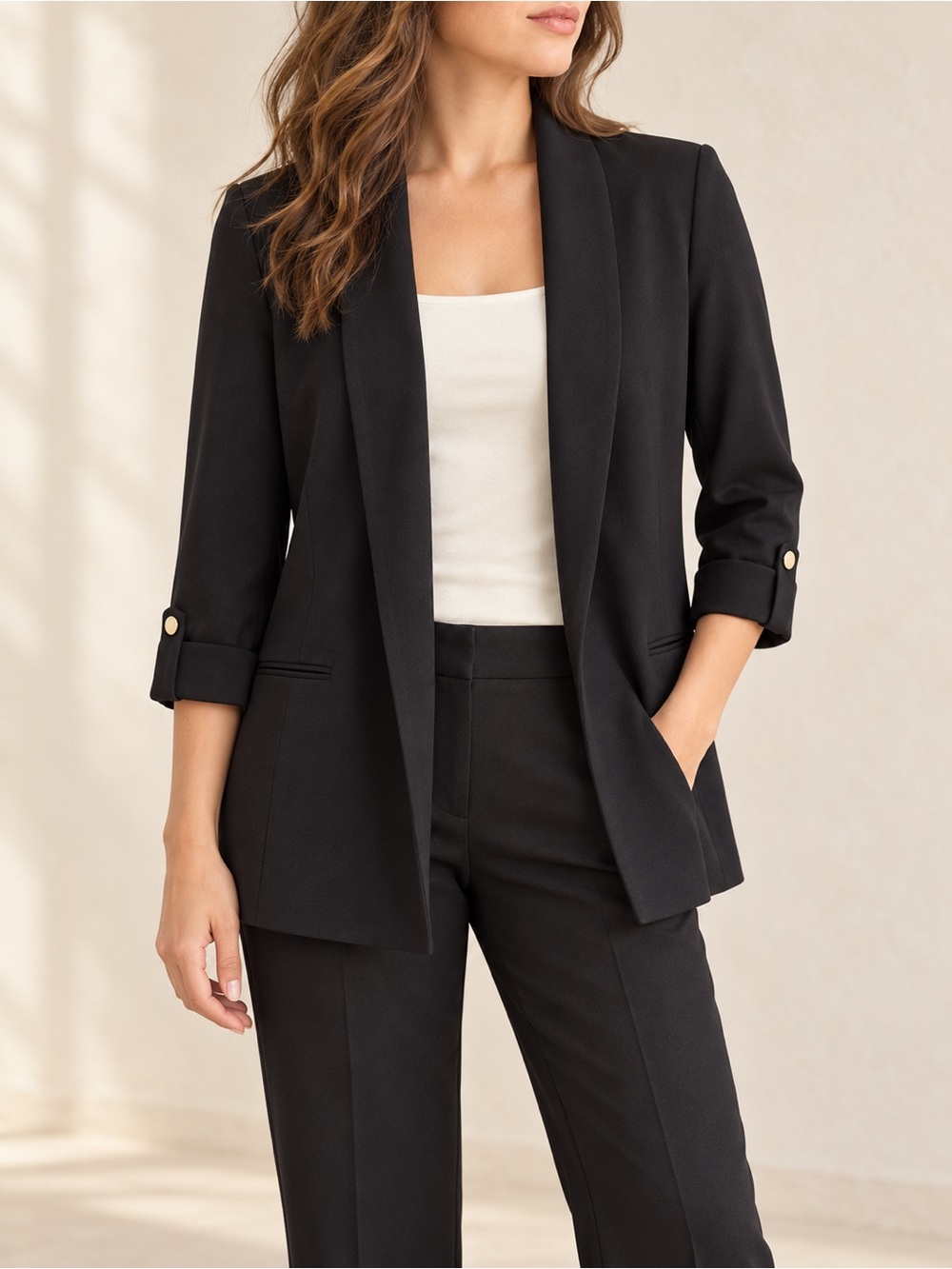 Anne Klein Black Open Front Blazer Jacket Gold Button Sleeve Tabs M